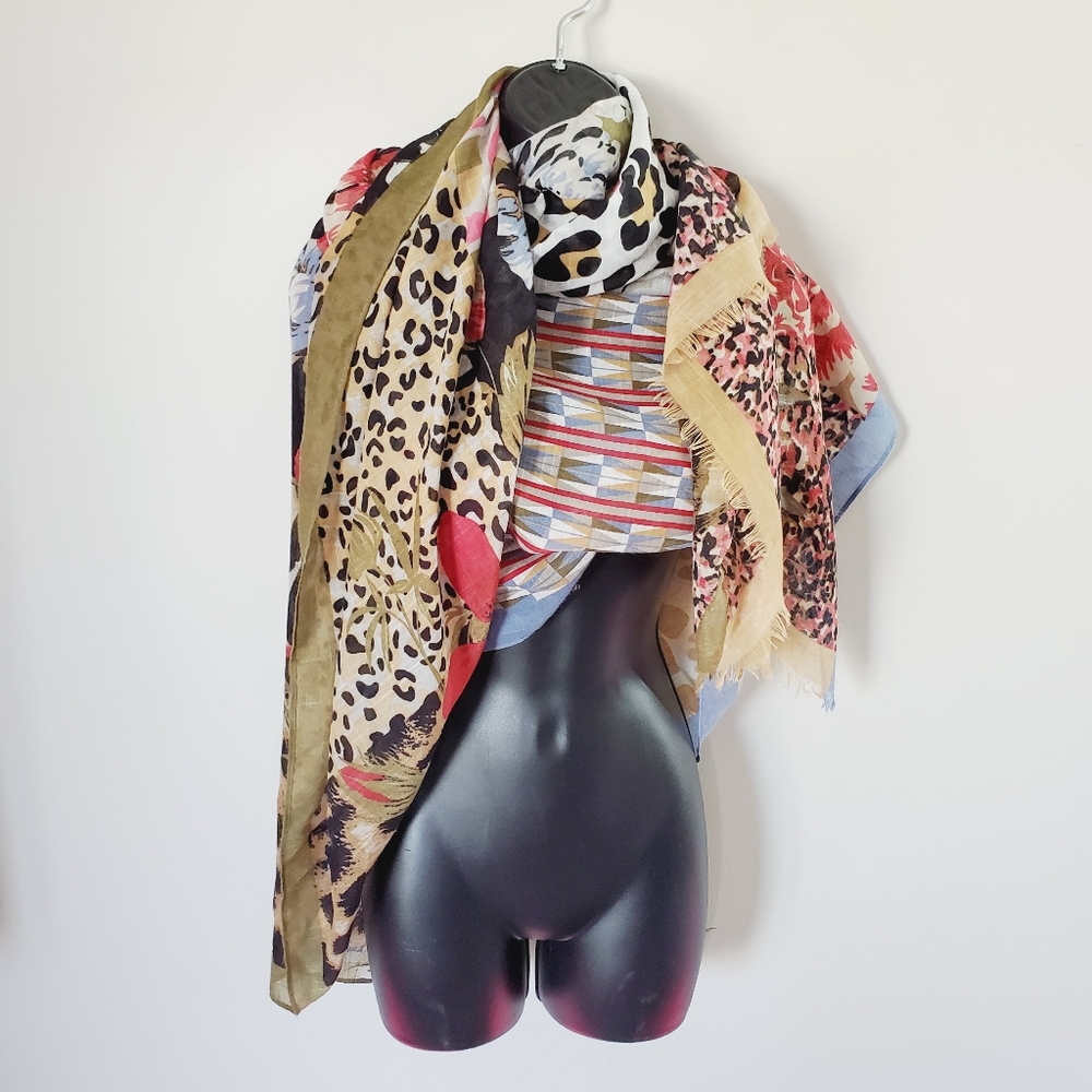 H1 Modena Italy Avant Garde Geometric Leopard Glam Preppy Patchwork Scarf